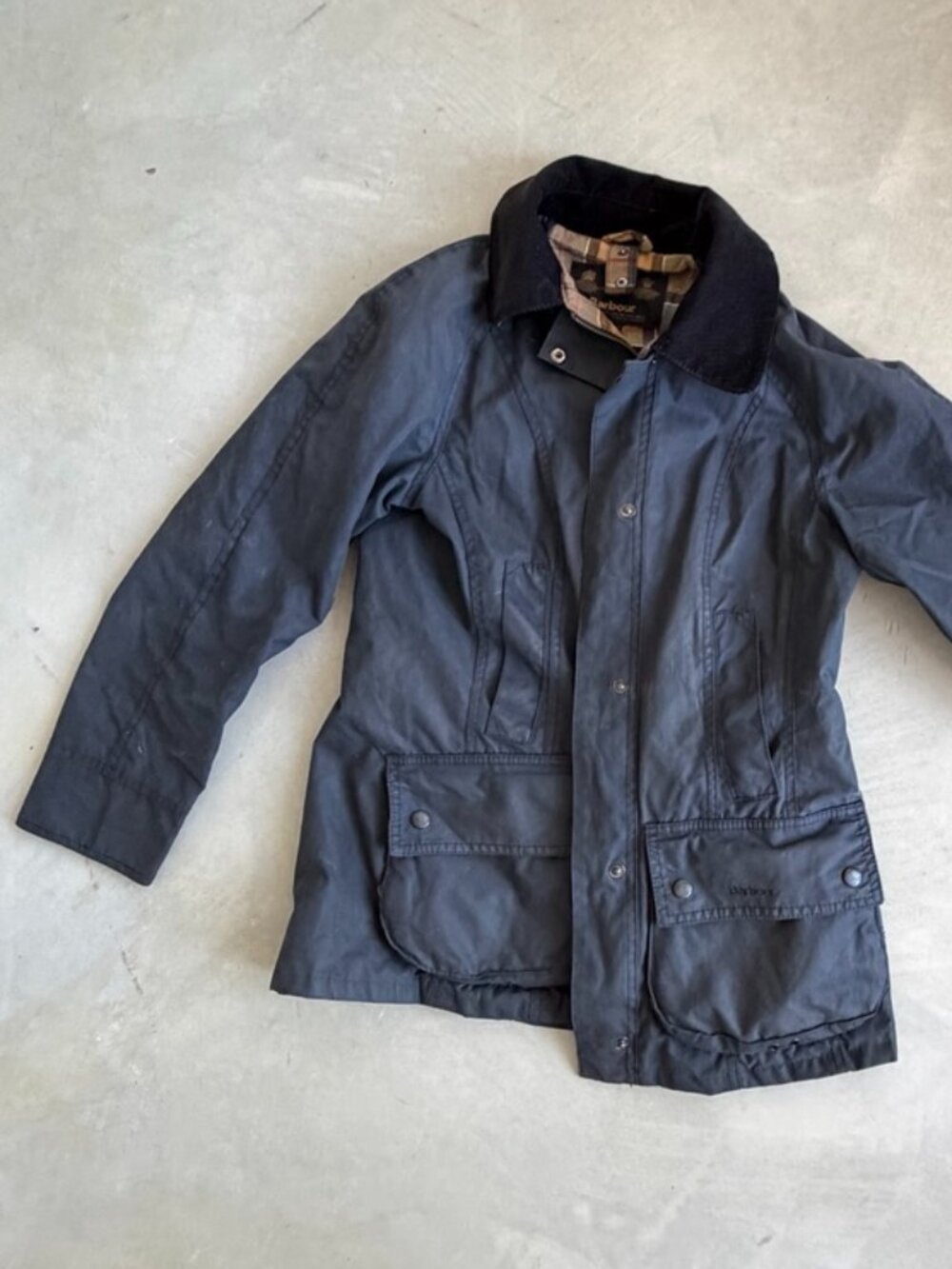 Barbour Waxed Cotton Jacket Men’s/uni Small 36 Navy Tartan Lined Corduroy Collar